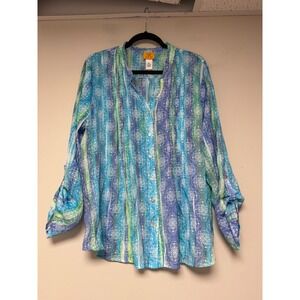 Ruby Rd. Womens XL Blue Green Medallion Print Pleated V-Neck Long Blouse Top
